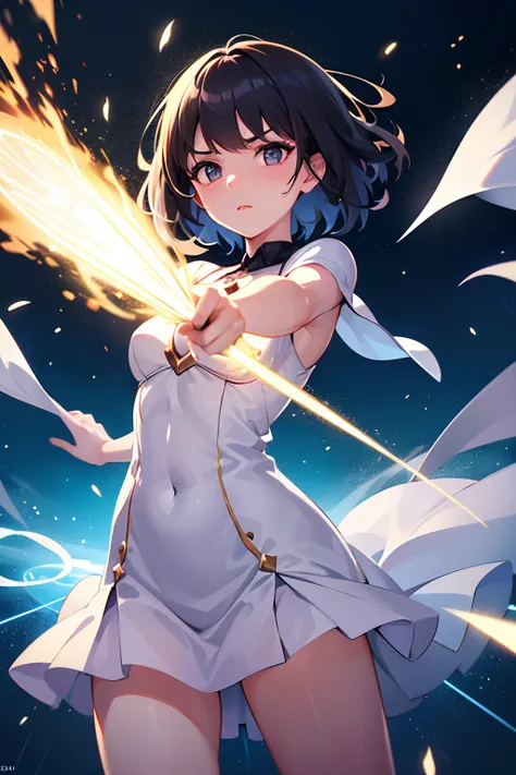 A short-haired girl releases a white blade of light! While activating the magic, the background looked like it was being fanned by the wind due to the magic chant, and a shock wave was coming out, centered on the girl.