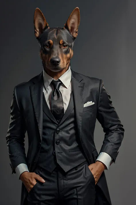 (Man in black suit and tie)Cartoon of anthropomorphic Doberman dog