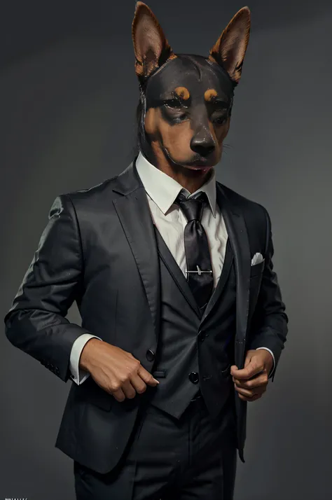 (Man in black suit and tie)Cartoon of anthropomorphic Doberman dog