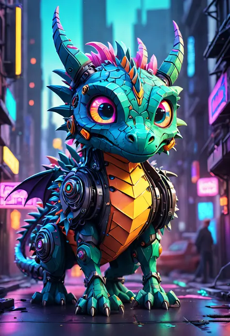 fluffy:1.7, dystopian:1.4, Cyberpunk Paper art style concept art , fluffy off-beat bio-mechanical GPU dragon, abstract close up, cute adorable, quirky, ((over a magical neon soaked city)) adorable scene filled with vibrant colors, 35mm, clear and detailed ...