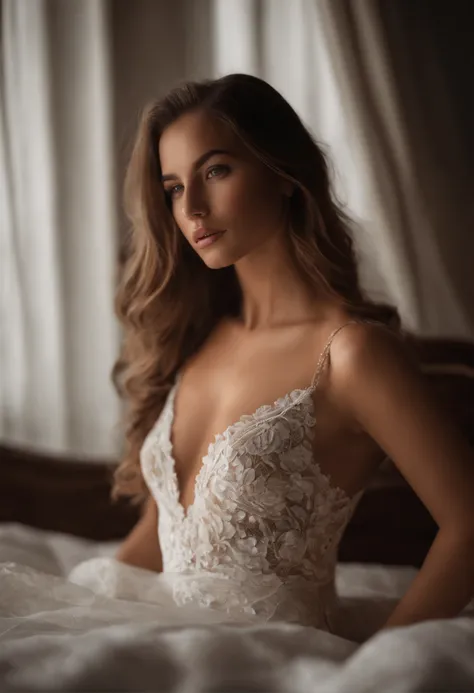 mujer con un vestido blanco acostado en una cama, foto de una mujer hermosa, sexy girl, delicate soft hazy lighting, young sensual graceful, seductoramente mirando al frente, mujer Sensual, hermoso cuerpo y cara, Pose elegante y seductora, bellamente ilumi...