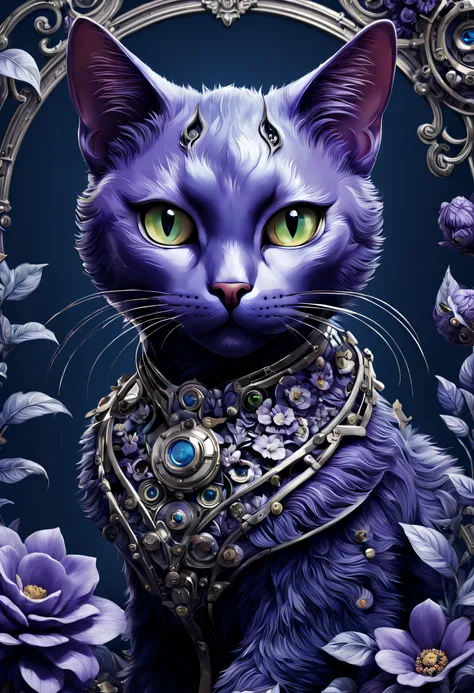 Mechanical cats，photorealestic，anthropomorphic cat，Role setting，Ultra-detailed graphics，Delicate face，8K，MagazineCover，Floral background decoration，intense color contrast，The color is dark，Blue-violet tones