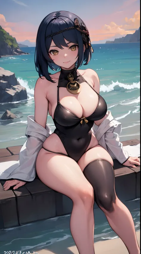 Kujou Sara| genshin impact, master-piece, bestquality, 1girls,25 years old, proportional body, proportional., Water set, Fabric swimwear, , ,bara, Beautiful sea, The sky is beautiful, View viewers from the front.,Sitting on the beach, Thigh strap, Head til...