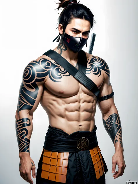 A person wears a face shield（Para cobrir seu rosto），Handsome，rogue，Sense of oppression，Full body photo，Dont take a headshot，Ronin samurai hairstyle，short detailed hair，Hair color is white，Upper body nudity，Tattooed with，Muscular，rule 34