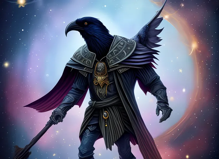 evil raven wizard with galaxy cloak and staff