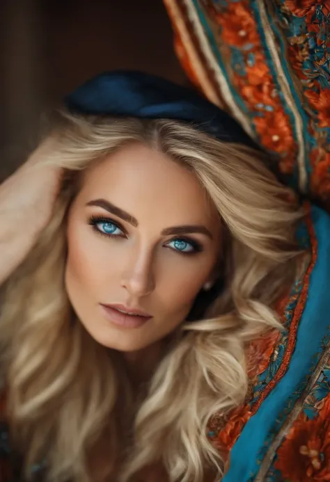 Blond woman, Face in Camera, blue eyes