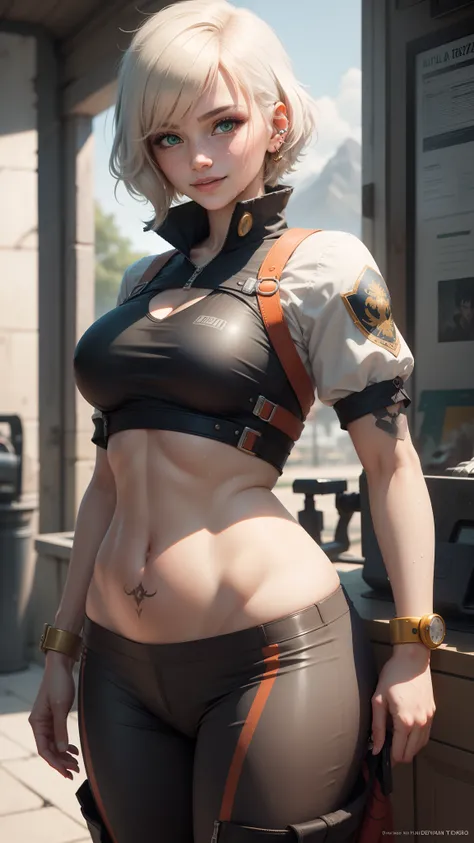 gwen tennyson,yshtola rhul,tracer,yorha 2b,1girl,atelier ryza,overwatch,close up,mecha pilot,mountain view,tattoos, red and orange plugsuit,white short sleeve silk top,light gray cargo pants, uncovered belly,short hair,cute makeup, green eyes,dimensional g...