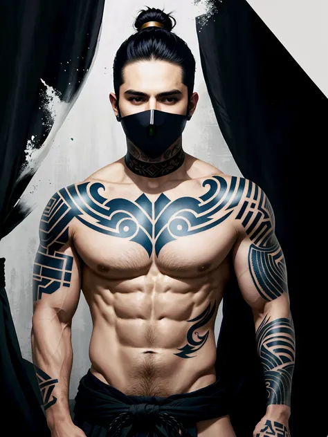 A person wears a face shield（Para cobrir seu rosto），With a dagger in his hand，Handsome，rogue，Sense of oppression，Full body photo，Dont take a headshot，Ronin samurai hairstyle，short detailed hair，Hair color is white，Upper body nudity，Tattooed with，Muscular，r...