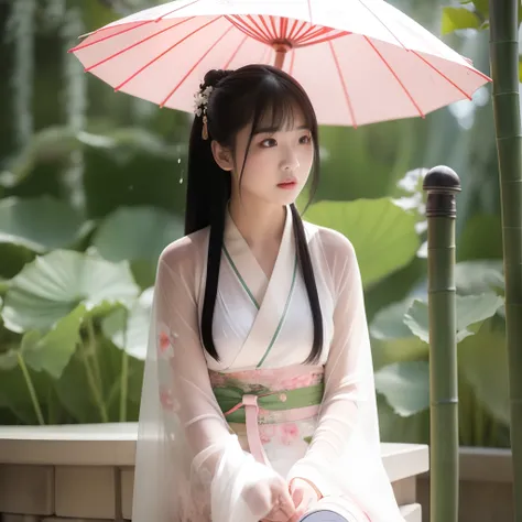 best quality, ultra high res, (photorealistic:1.4), 1girl, 3d, bamboo, black_hair, blue_umbrella, blur_censor, blurry, blurry_background, blurry_foreground, bokeh, branch, chinese_clothes, chromatic_aberration, closed_eyes, concert, cosplay_photo, dandelio...