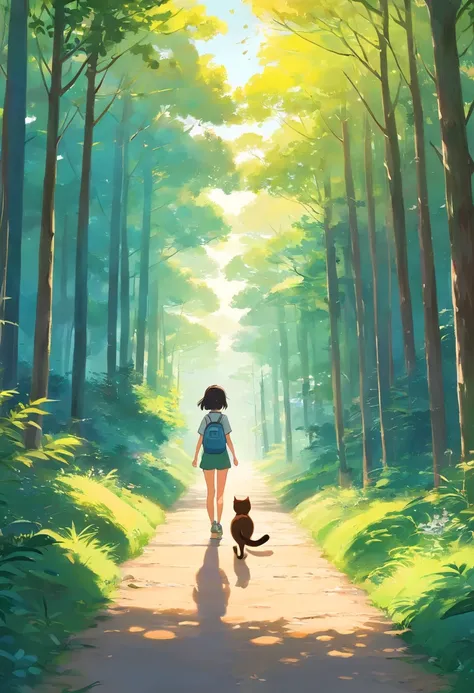 Girl and a cute cat with round eyes, Forest trail walk, Facing to the viewer, There are houses in the distance