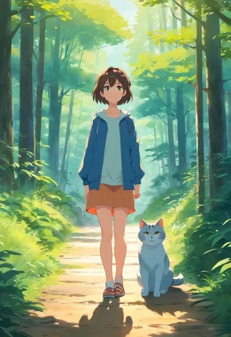 Girl and a cute cat with round eyes, Forest trail walk, Facing to the viewer, There are houses in the distance