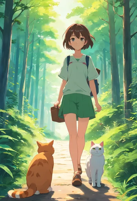 Girl and a cute cat with round eyes, Forest trail walk, Facing to the viewer, There are houses in the distance