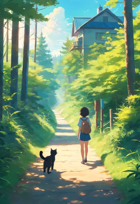 Girl and a cute cat with round eyes, Forest trail walk, Facing to the viewer, There are houses in the distance