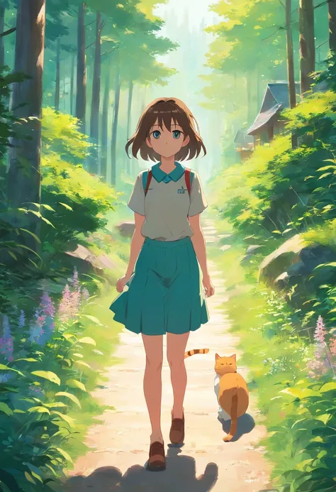 Girl and a cute cat with round eyes, Facing to the viewer,Forest trail walk, wild flower,  There are houses in the distance