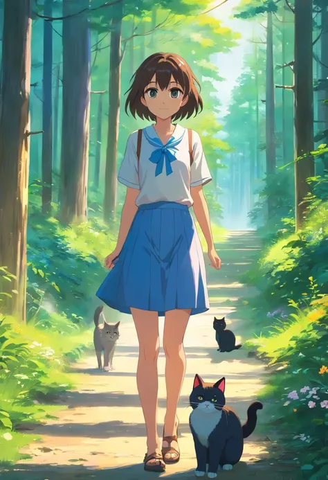 Girl and a cute cat with round eyes, Facing to the viewer,Forest trail walk, wild flower,  There are houses in the distance