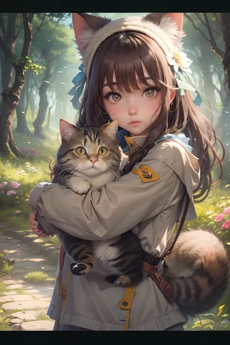 Girl and a cute cat with round eyes, Facing to the viewer,Forest trail walk, wild flower, There are houses in the distance