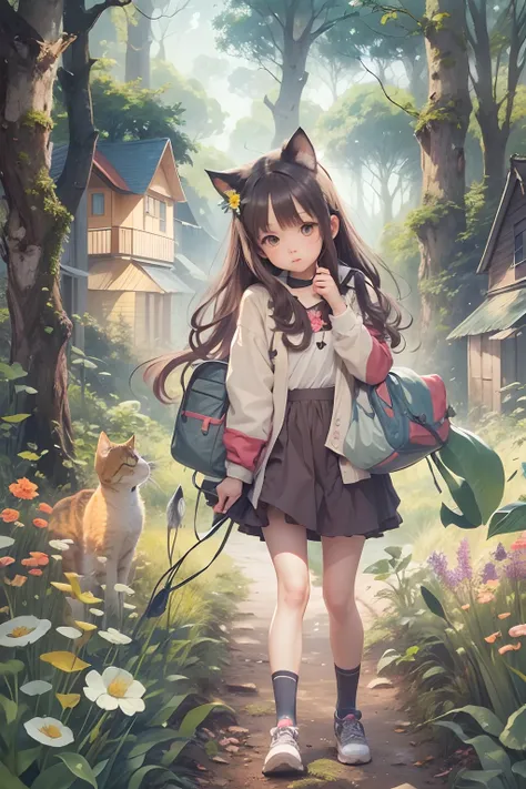 Girl and a cute cat with round eyes, Facing to the viewer, Forest trail walk, wild flower, There are houses in the distance