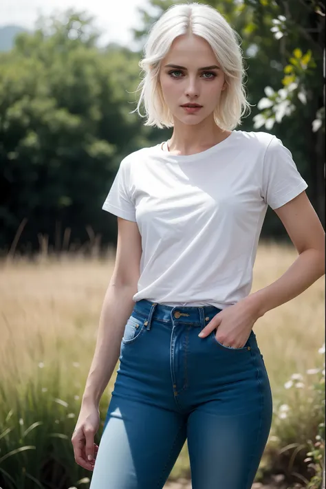 ((masterpiece, best quality)), beautiful woman (Ciri from the Witcher), (natural skin), legs, (tight jeans and tshirt:1.3), (seductive expression:1.2), various poses, field background, (UHD, 8K wallpaper, High resolution), Cinematic lighting, physically-ba...