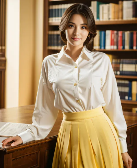 Masterpiece, Top Quality, Ultra High Resolution, (Photorealistic: 1.4), Beautiful Lighting, RAW Photo, 8k UHD, Super Detailed Face, Beautiful Woman, ((wears white shirt) and long dark yellow pleated skirt)), Library , long shot, indoor,