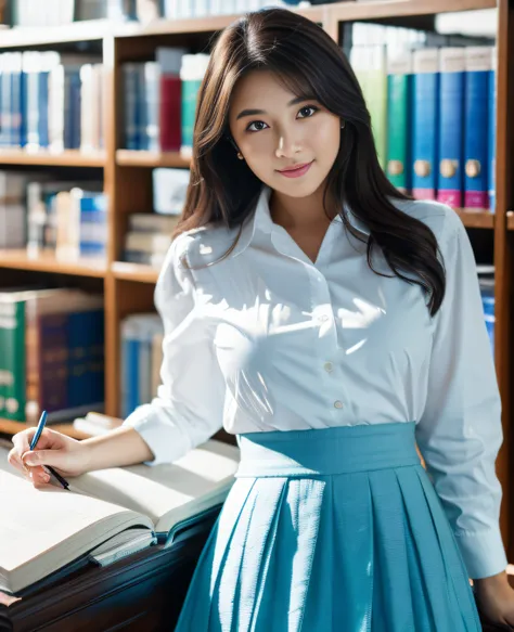 Masterpiece, highest quality, super high resolution, (Photorealistic: 1.4), beautiful lighting, RAW photo, 8k UHD, super detailed face, beautiful woman, ((wearing white shirt) and blue black pleated skirt)), library, waist shot, indoor,