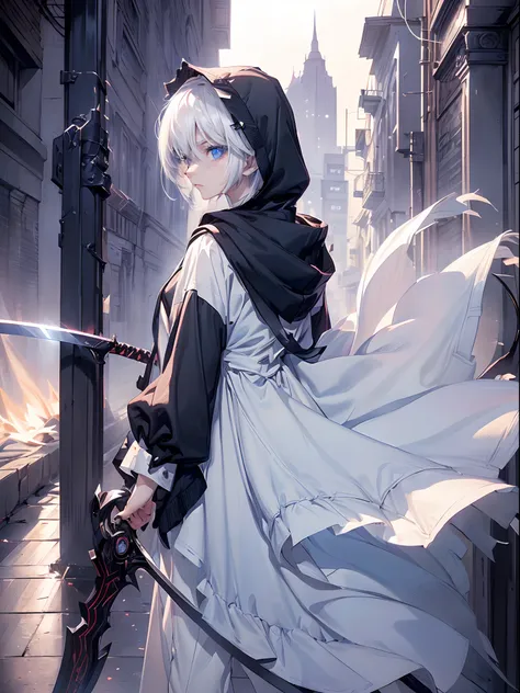 ((4K works))、​masterpiece、(top-quality)、One Beautiful Girl、Slim body、tall、((Black Y-shirt and white pants、Charming street style))、Please wear one jacket、Wearing a hood to hide his face、(Detailed beautiful eyes)、Midnight Combat、In battle with demons、((Dark ...