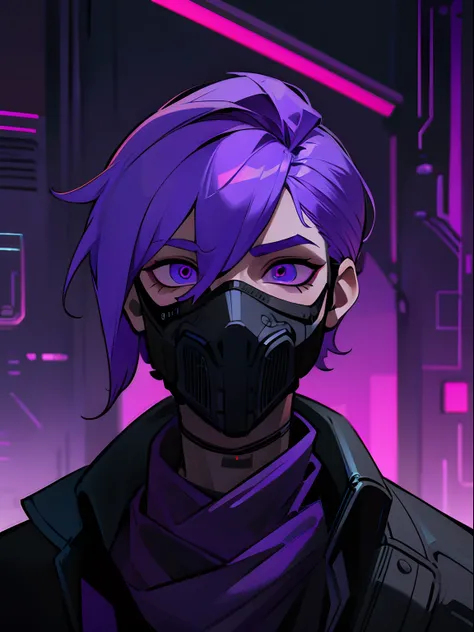 ultra detailed, cinematic lighting, cyberpunk, dark boy, trash gang face mask, 25 purple hair boy, blind with a black bandana covering his eyes