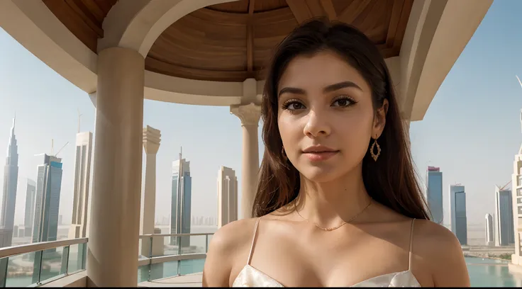 mujer muy hermosa, es agente inmobiliaria, vestida muy elegante , fondo de dubai, ambiente de lujo, super detallado, realista, 8k, profesional photo, face detailed, perfect face