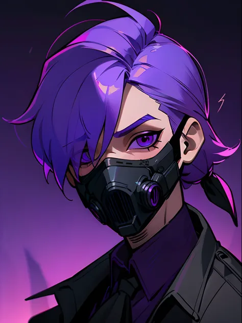 ultra detailed, cinematic lighting, cyberpunk, dark boy, trash gang face mask, 25 purple hair boy, blind with a black bandana covering his eyes