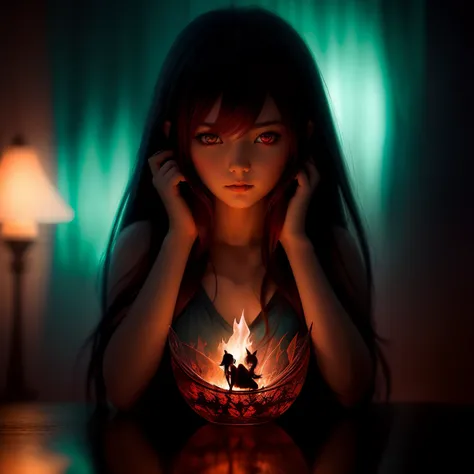 (dark shot:1.4), 80mm, red fairy girl demon sitting in a with  dark orinage liquid, nice detailed digital art, closeup, soft light, sharp, exposure blend, medium shot, bokeh, (hdr:1.4), high contrast, (cinematic, teal and orange:0.85), (muted colors, dim c...