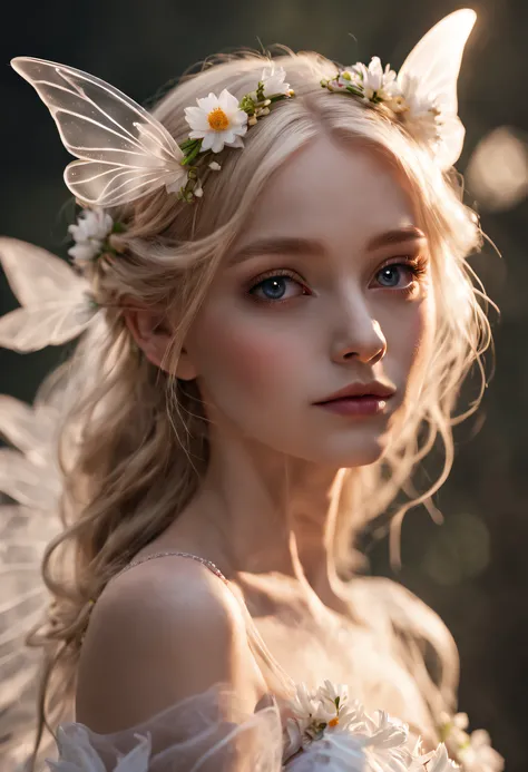 A high resolution,Best quality ,Blonde girl,Face up，the Flower Fairy，Fairy-like transparent wings，Composition in the play，delicated face，8K，white colors，high light,NG hanging on the edges