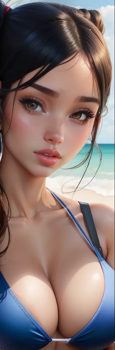 A cartoon image of a woman in a bikini and a bikini top, thicc, IMVU, Realistic bikini, Avatar do Second Life, corpo inferior close up, close up tiro de meio corpo, pele branca  clara, pele de claridade, pele branca , cabelo loiro twintail e olhos cianos, ...