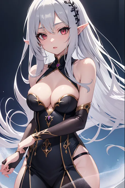 1girl, anime, cute girl, elf, blank background, white background, fantasy, detailed dark fantasy dress with highlights, beautiful face, beautiful eyes, dark colors, medium breasts, slight cleavage, beautiful skin, cute, silver hair, red eyes, breast curtai...