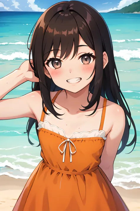 young girl, long hair, brown hair, grey eyes,hair over shoulders, small breasts, short stature, (happy smile),(clenched teeth),orange dress, (blush),(hands behind back),( standing),beach,suntan, pov from front, looking at viewer