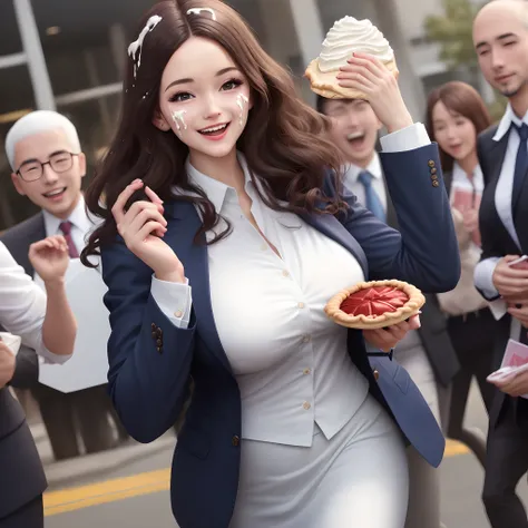 Woman wearing business suit pie in the face