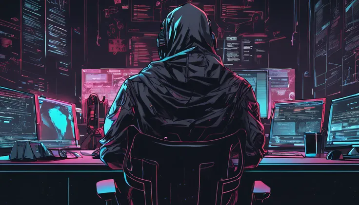 (masutepiece, of the highest quality, Best Quality, Official art, Beautiful and aesthetic:1.2),(Cyberpunk:1.4) Hacker boy with his mouth covered with a black mask and a hacker logo on the left of the mask, ( in front he has his desk , on top of it the PC m...