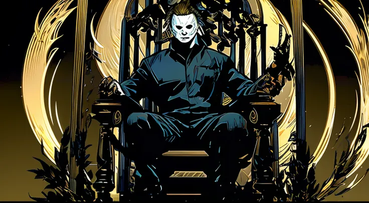 michael myers, all powerful, on a throne, mortal kombat tower ending style