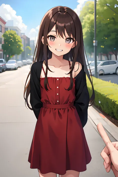 one girl, long hair, brown hair, grey eyes, hair over shoulders, small breasts, short stature, (happy smile),(clenched teeth),red dress, (blush),(hands behind back),( standing),park, outside, pov from front, looking at viewer,solo focus