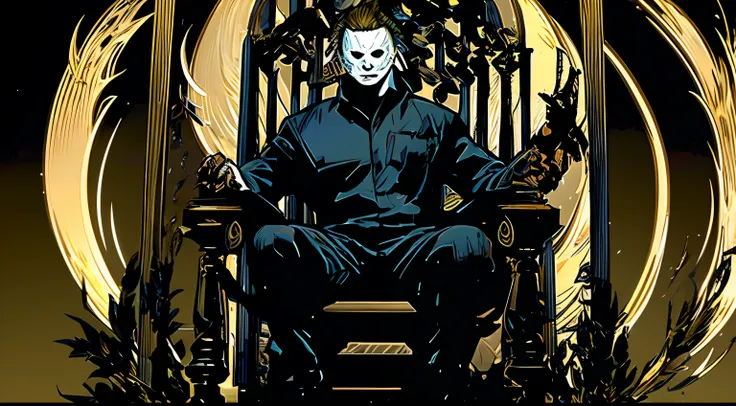 michael myers, all powerful, on a throne, mortal kombat tower ending style