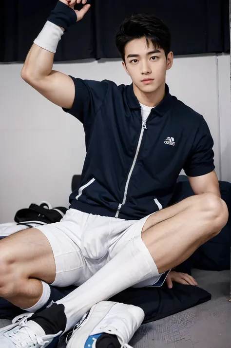 1 male high school student，16-17 years old，Comely，Handsome，parks，Play badminton，musculous，hairy bodies，athletic sneakers，White  socks，Blue tracksuit（Detailed eyes：1.3），Black eyes，full bodyesbian，