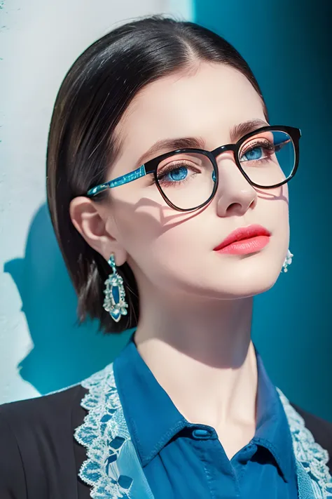 black hair, eyeglasses, stud earrings, vintage, Feminine, blue eyes, 8K, Masterpiece, Best Quality, great details) , (high saturation, best shadows, best light, Extremely delicate whitening) Dark Style