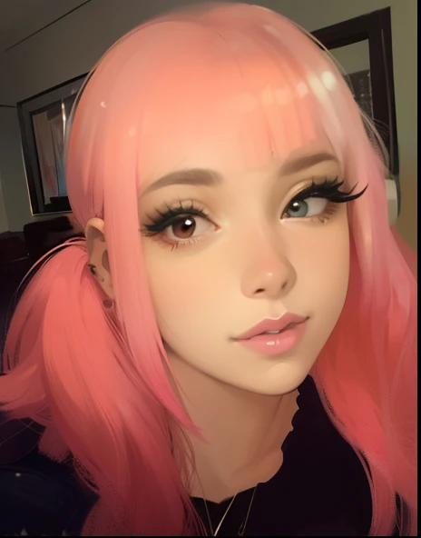 a young woman with pink hair and piercings taking a selfie, with pink hair, pink twintail hair and cyan eyes, pink straight hair, dollpunk, pigtails long pink hair, pink hair, cute girl with short pink hair, 8K, Top Quality, Intricate Details, Ultra Detail...