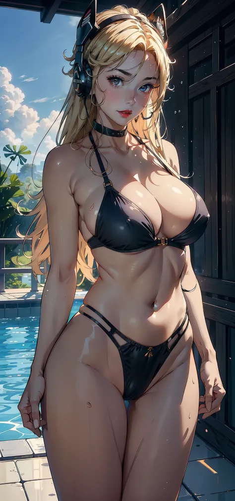 1female，45 yers old，Married Woman，熟妇，mature，plumw，extremely large bosom，Big breasts Thin waist，long leges， 独奏，（Background with：，the rainforest，lotus flower，swimmingpool，） She has long blonde hair，bobo head，，seen from the front， Stand in the pool， mostly cl...