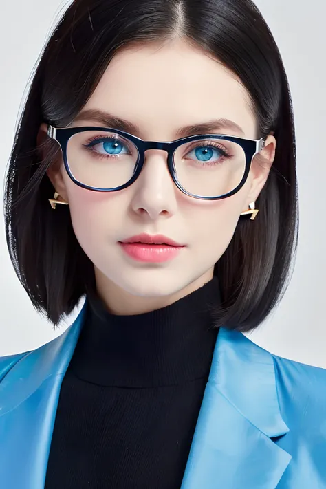 black hair, eyeglasses, stud earrings, vintage, Feminine, blue eyes, 8K, Masterpiece, Best Quality, great details) , (high saturation, best shadows, best light, Extremely delicate whitening) Dark Style