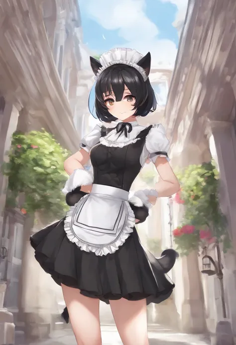 (tall woman),(short shiny black hair),(cat ears),(furry cat ears),(giant eyes),(embarrassed),(maid clothes),(short maid clothes),(light skin) ,(huge breasts overflowing the uniform),(perfect waist 0.8)