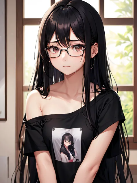 ​masterpiece、20 year old girl with long black hair wearing glasses、Sad and crying、Looking at the camera、Wearing a tattered one-shoulder T-shirt、Exposed skin a lot、Being in the room