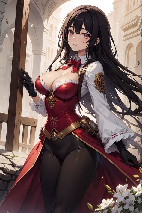 （Masterpiece, side-lighting, fine detailed beautiful eyes: 1.2)， luscious skin，（（Solo）），（Scarlet eyes），Hanging eye corners，（highdetailskin），（perfect bodies），A beautiful steampunk girl，little breast，（（Uniforms that include a small bust blazer）），（Satin colla...