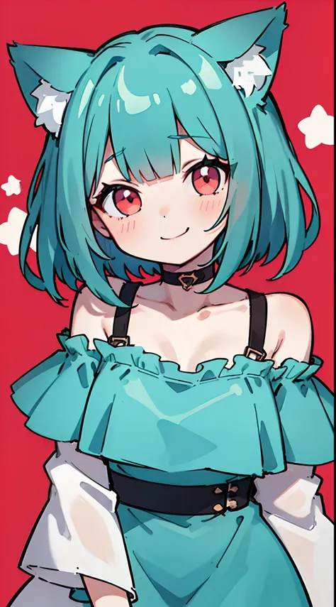 close-up portrait of ((solo 1girl, nekomimi)), ((short turquoise hair in a wavy bob-cut)), big smile, side glance, masterpiece, ...