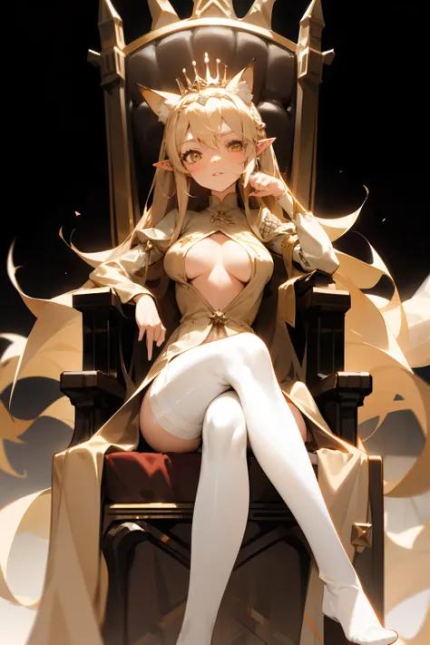 pointy ears，Long beige hair，Girl manipulated by thin threads，Bigboobs，fox ear，Two legs，White knee-length stockings，（middle parted hairstyle），Sideburns have long hair，a throne，iron throne，Crown the tiara