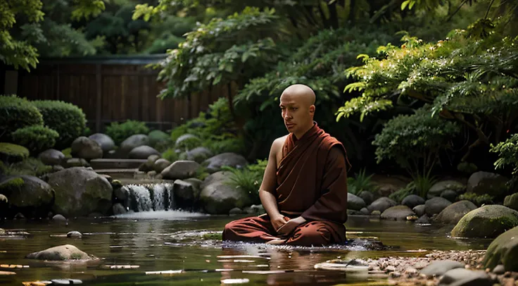 A wise Buddhist monk sits in deep meditation, surrounded by the tranquil beauty of a Zen garden. The gentle rustling of leaves and the soft trickle of water create a serene atmosphere, perfect for finding inner peace.