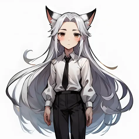 Fox ears、Beautiful Boys、Long silver hair、Deformed、Mini、Black tie、white  shirt、Black pants、White background